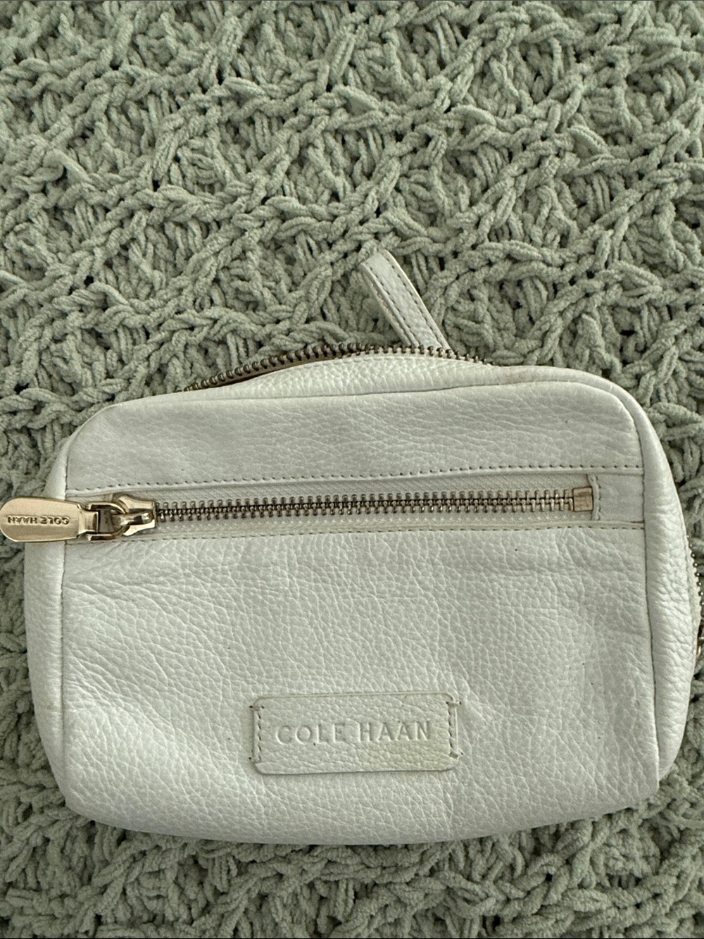 Cole Haan Cream Pebbled Leather Cosmetic Pouch with Gold Hardware